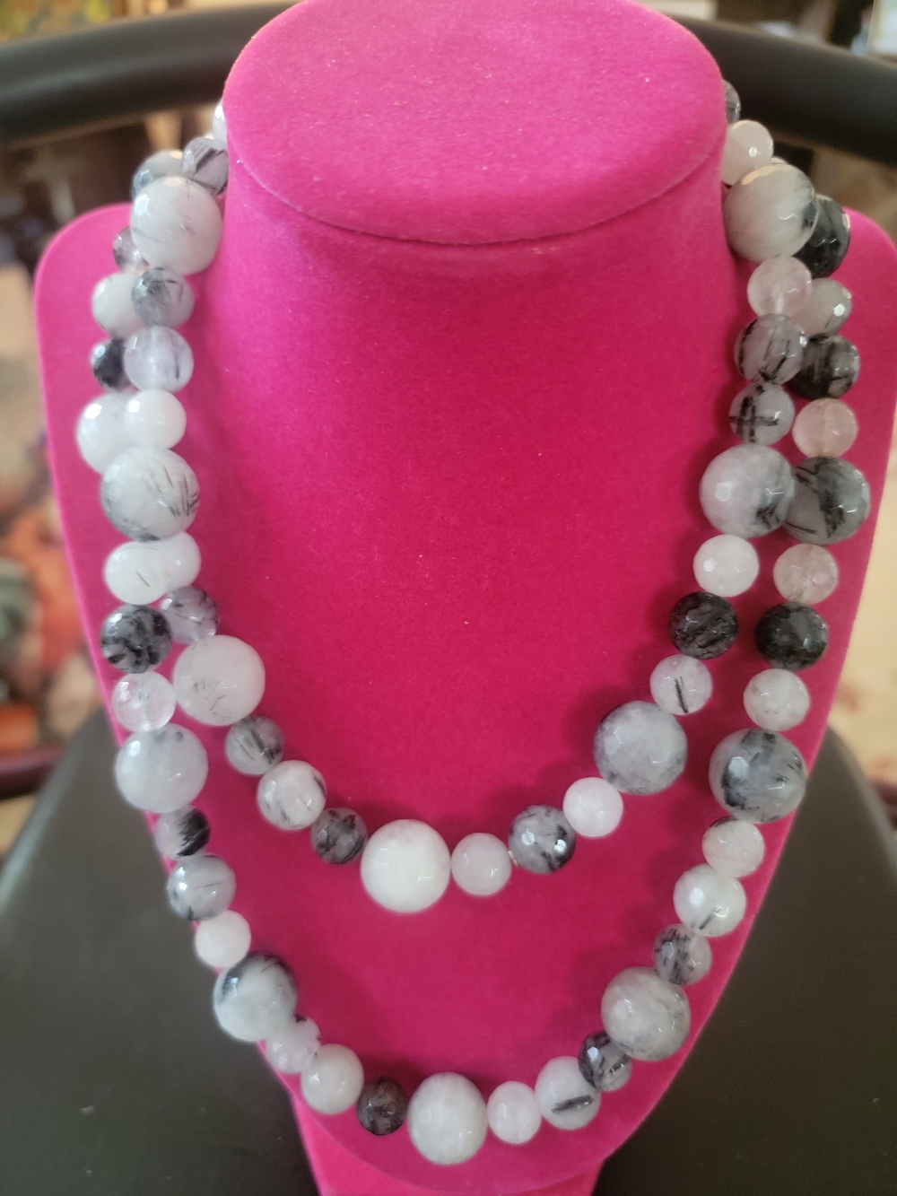 Black & White Tourmalinated Quartz Beaded Necklace - Women Jewelry